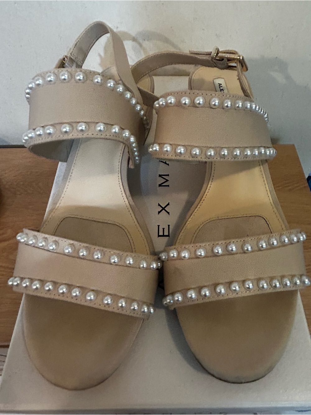Alex Marie Beige Pearl-Trim Block Heel Sandals